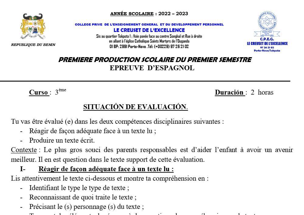 Aperçu de la première page — 3ème Espagnol 1er Devoir 1er Semestre CPEG Le Creuset de L'Excellence 2022 2023