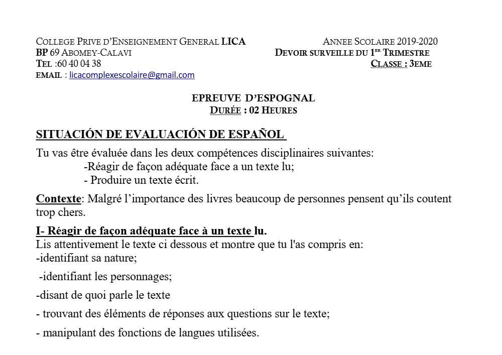 Aperçu de la première page — 3ème Espagnol 1er Devoir 1er Trimestre Cepg Lica 2019 2020