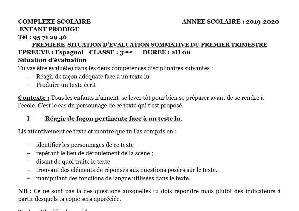 Aperçu de la première page — 3ème Espagnol 1er Devoir 1er Trimestre CS Enfant Prodige 2019 2020
