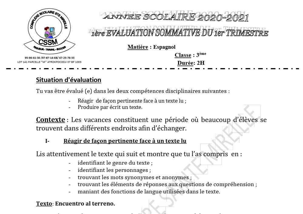 Aperçu de la première page — 3ème Espagnol 1er Devoir 1er Trimestre CS Ste Mireille 2020 2021