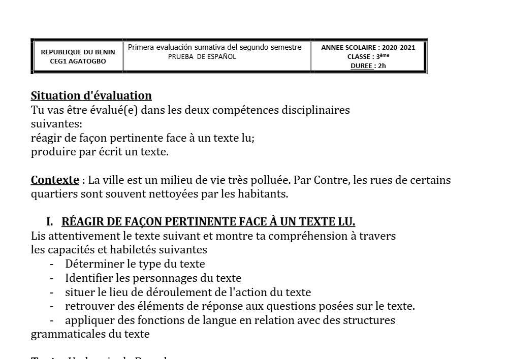 Aperçu de la première page — 3ème Espagnol 1er Devoir 2ème Semestre CEG1 Agatogbo 2020 2021