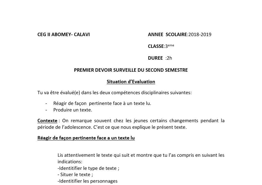 Aperçu de la première page — 3ème Espagnol 1er Devoir 2ème Semestre CEG2 Abomey Calavi 2018 2019