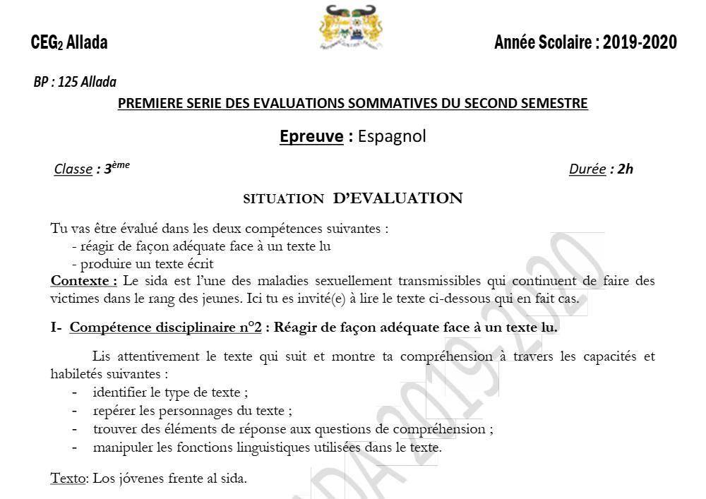 Aperçu de la première page — 3ème Espagnol 1er Devoir 2ème Semestre CEG2 Allada 2019 2020