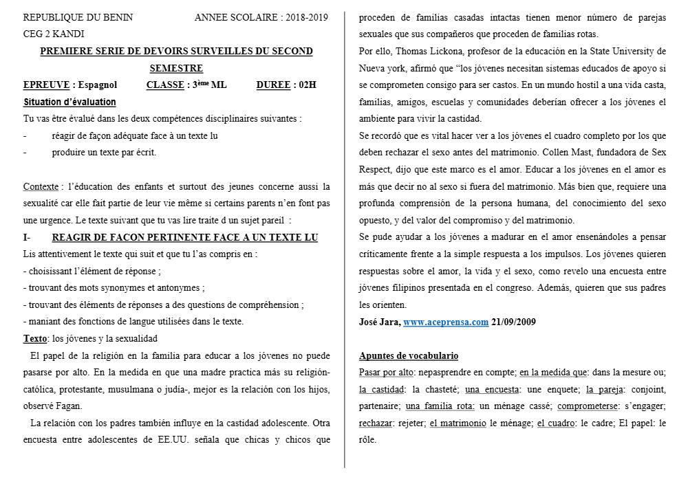Aperçu de la première page — 3ème Espagnol 1er Devoir 2ème Semestre CEG2 Kandi 2018 2019