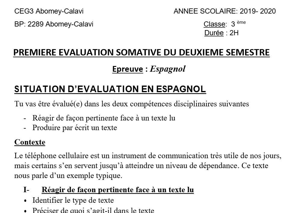 Aperçu de la première page — 3ème Espagnol 1er Devoir 2ème Semestre CEG3 Abomey Calavi 2019 2020