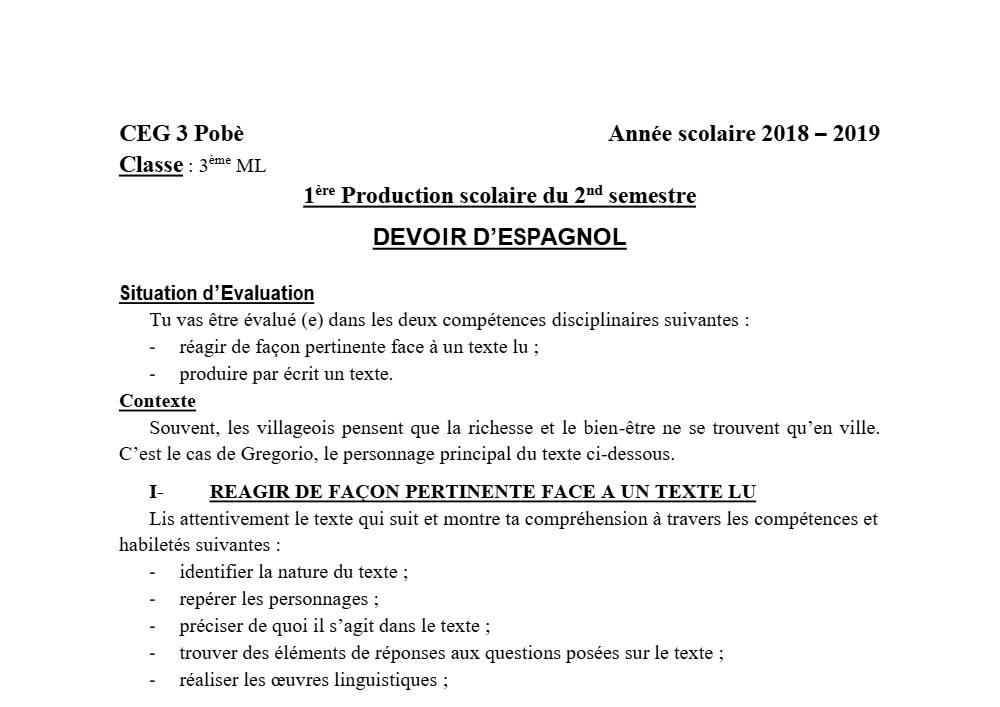 Aperçu de la première page — 3ème Espagnol 1er Devoir 2ème Semestre CEG3 Pobè 2018 2019