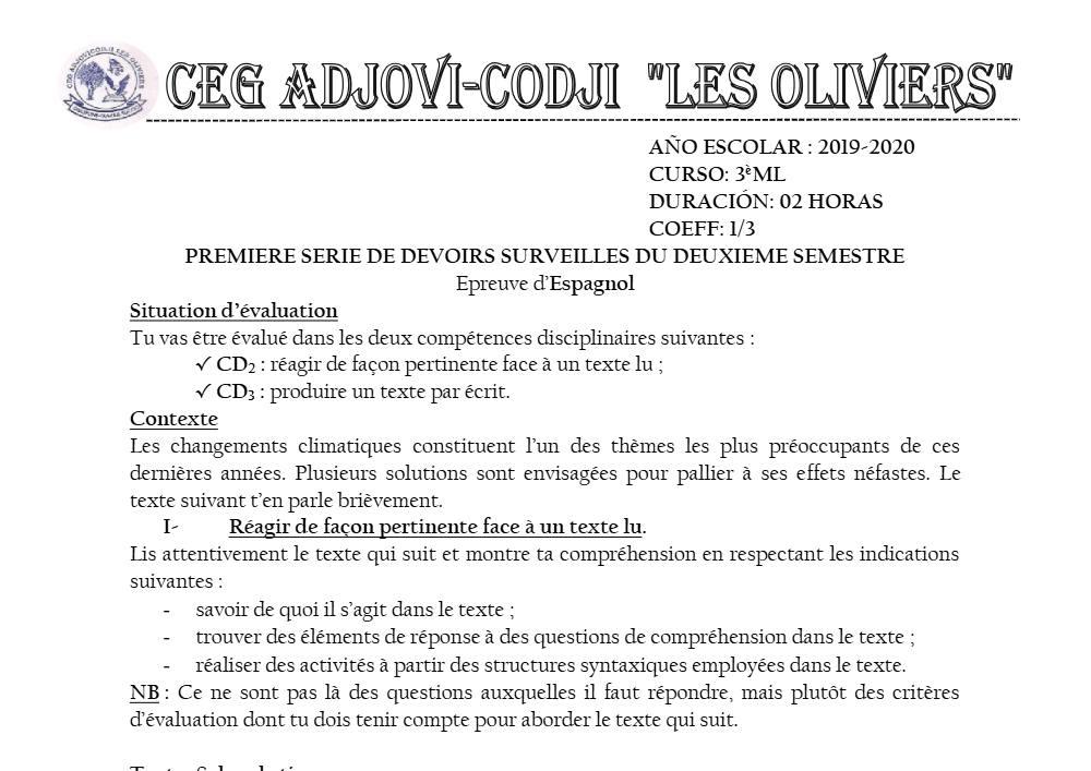 Aperçu de la première page — 3ème Espagnol 1er Devoir 2ème Semestre CEG Adjovi Codji 2019 2020