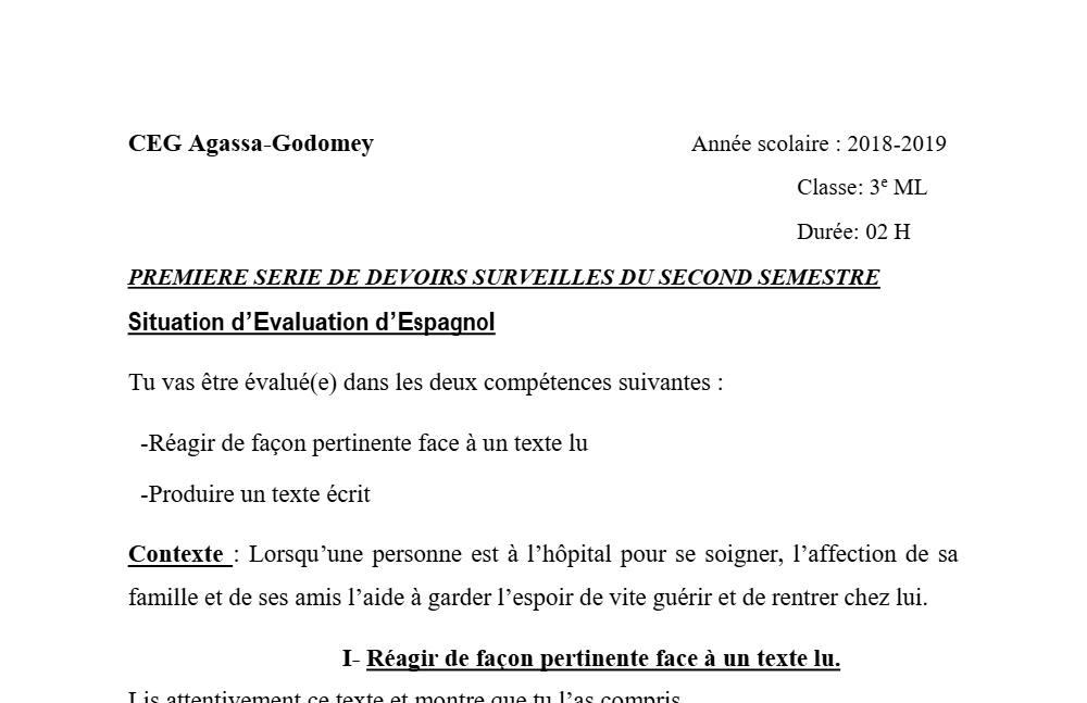 Aperçu de la première page — 3ème Espagnol 1er Devoir 2ème Semestre CEG Agassa Godomey 2018 2019