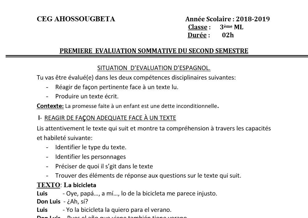 Aperçu de la première page — 3ème Espagnol 1er Devoir 2ème Semestre CEG Ahossougbéta 2018 2019