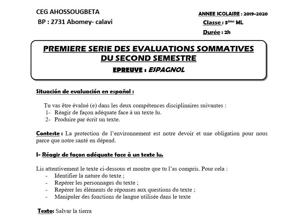 Aperçu de la première page — 3ème Espagnol 1er Devoir 2ème Semestre CEG Ahossougbéta 2019 2020