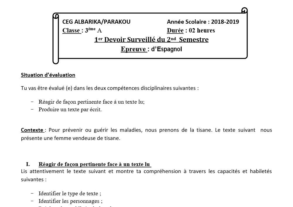 Aperçu de la première page — 3ème Espagnol 1er Devoir 2ème Semestre CEG Albarika 2018 2019