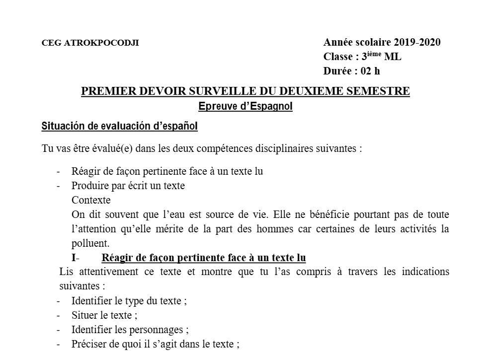 Aperçu de la première page — 3ème Espagnol 1er Devoir 2ème Semestre CEG Atrokpocodji 2019 2020