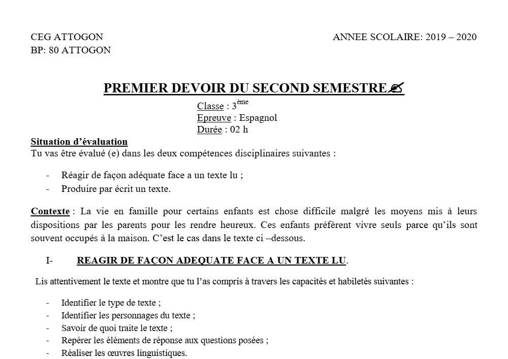 Aperçu de la première page — 3ème Espagnol 1er Devoir 2ème Semestre CEG Attogon 2019 2020