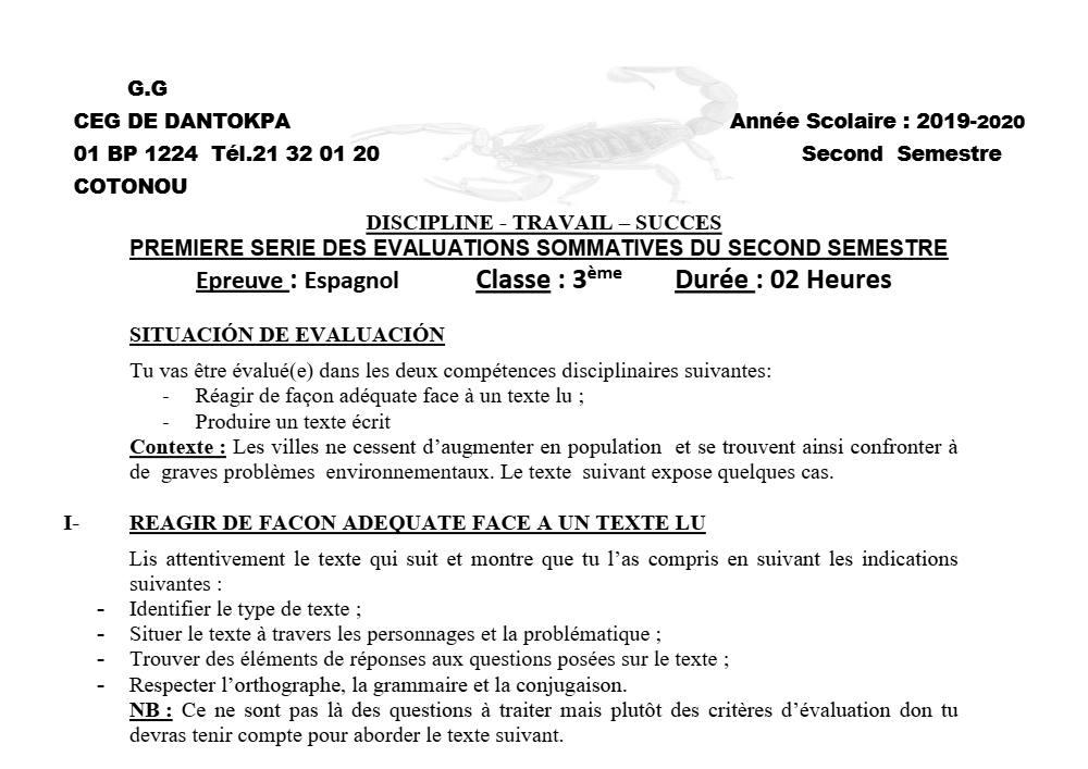 Aperçu de la première page — 3ème Espagnol 1er Devoir 2ème Semestre CEG Dantokpa 2019 2020