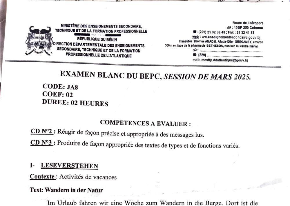 Aperçu de la première page — BEPC BLANC 2025 Allemand