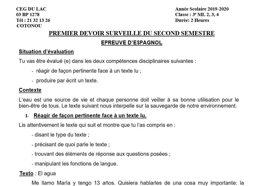 Aperçu de la première page — 3ème Espagnol 1er Devoir 2ème Semestre CEG du Lac 2019 2020