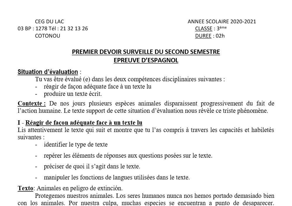 Aperçu de la première page — 3ème Espagnol 1er Devoir 2ème Semestre CEG du Lac 2020 2021