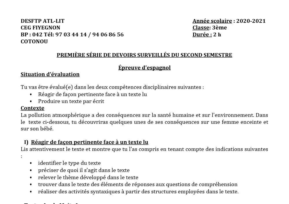 Aperçu de la première page — 3ème Espagnol 1er Devoir 2ème Semestre CEG Fiyegnon 2020 2021