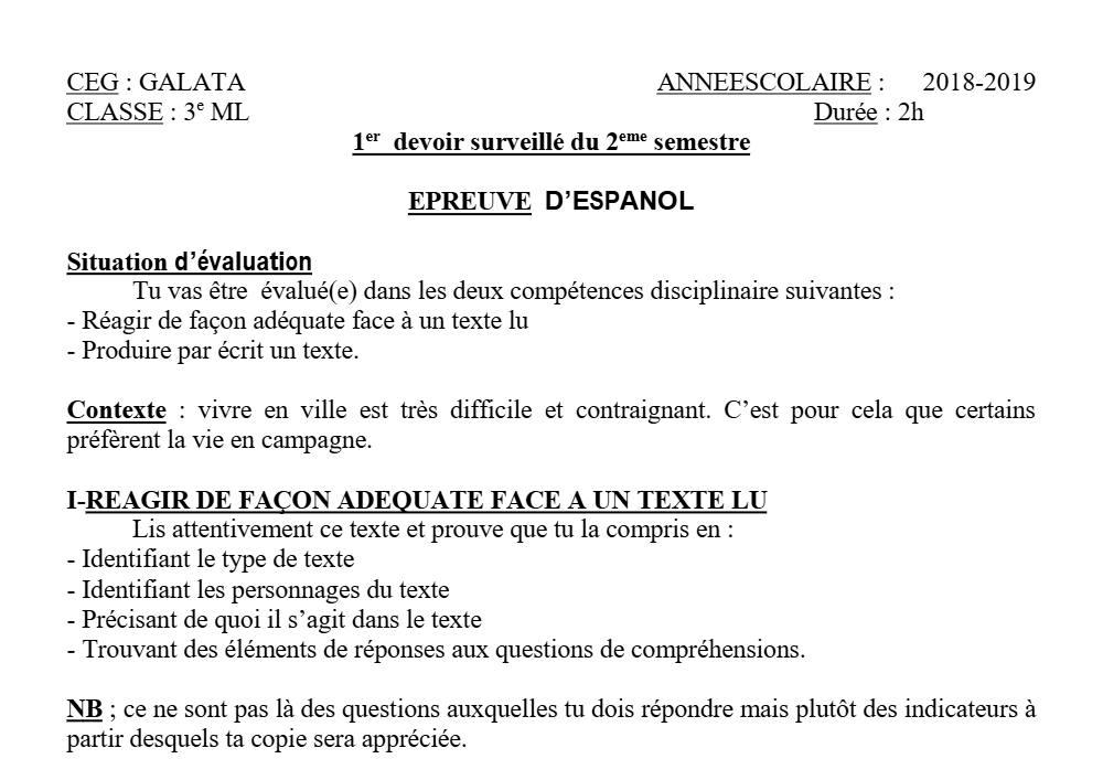 Aperçu de la première page — 3ème Espagnol 1er Devoir 2ème Semestre CEG Galata 2018 2019