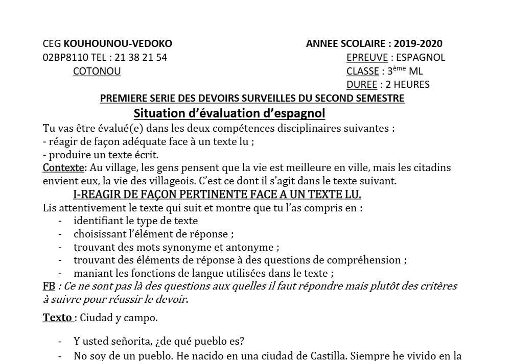 Aperçu de la première page — 3ème Espagnol 1er Devoir 2ème Semestre CEG K Vedoko 2019 2020