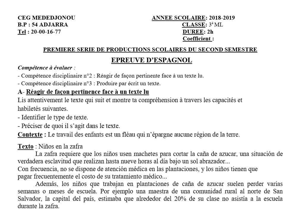 Aperçu de la première page — 3ème Espagnol 1er Devoir 2ème Semestre CEG Mededjonou 2018 2019