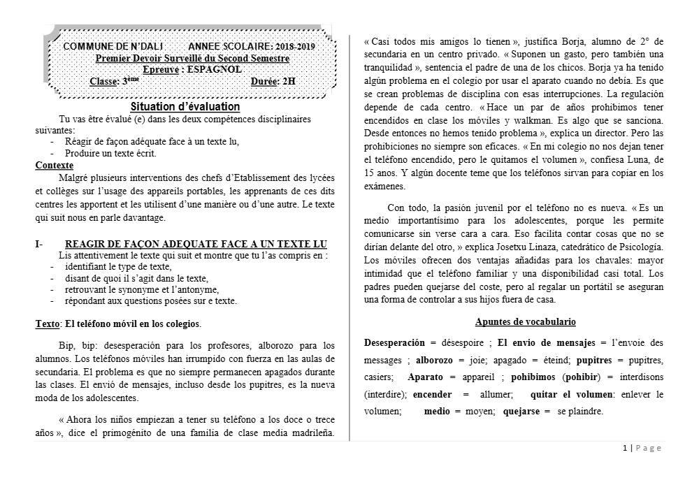 Aperçu de la première page — 3ème Espagnol 1er Devoir 2ème Semestre CEG N'Dali 2018 2019 (2)