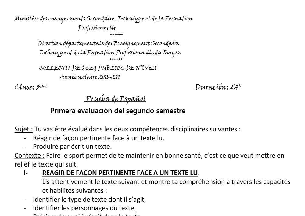 Aperçu de la première page — 3ème Espagnol 1er Devoir 2ème Semestre CEG N'Dali 2018 2019