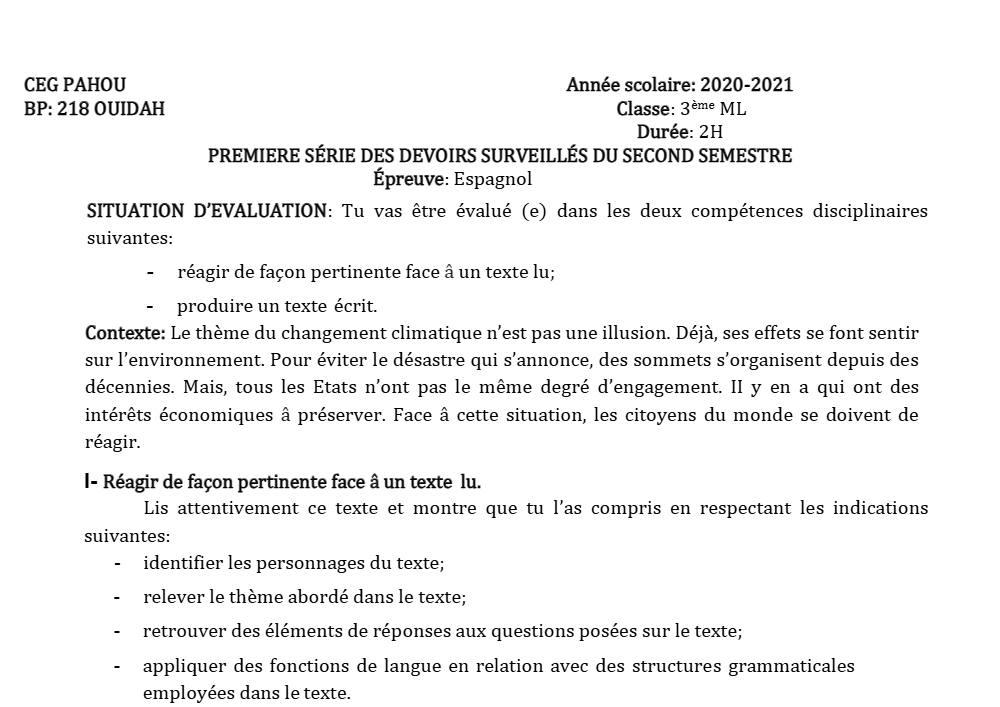 Aperçu de la première page — 3ème Espagnol 1er Devoir 2ème Semestre CEG Pahou 2020 2021
