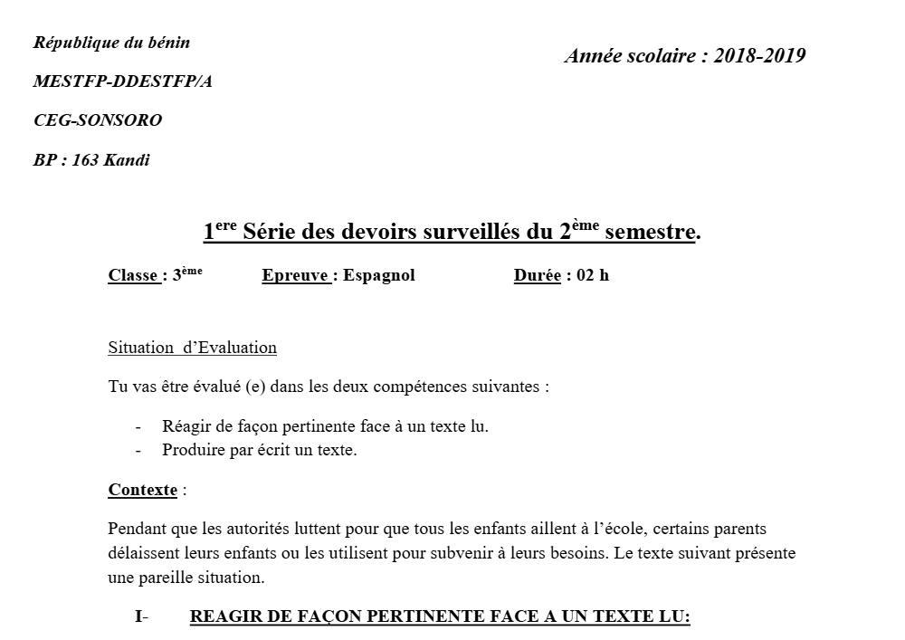 Aperçu de la première page — 3ème Espagnol 1er Devoir 2ème Semestre CEG Sonsoro 2018 2019