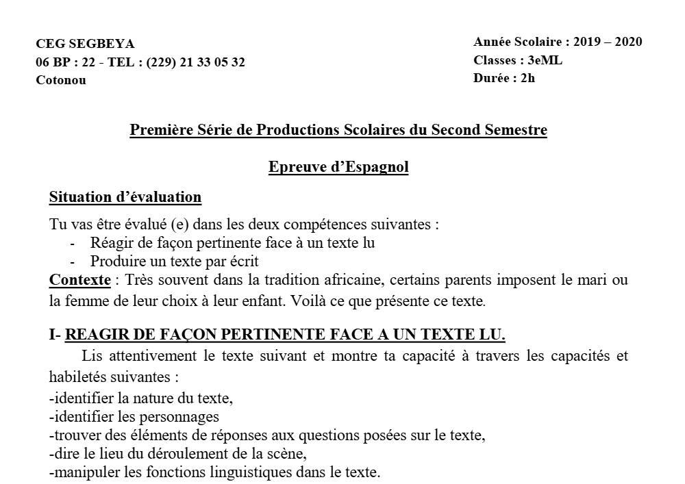 Aperçu de la première page — 3ème Espagnol 1er Devoir 2ème Semestre CEG Ségbéya 2019 2020