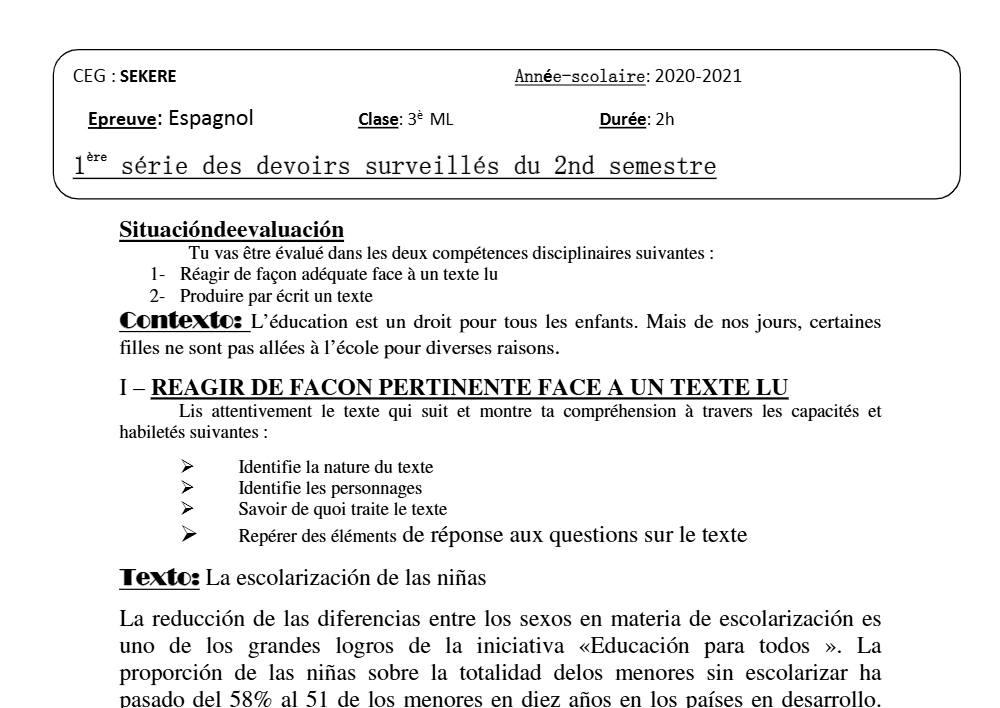 Aperçu de la première page — 3ème Espagnol 1er Devoir 2ème Semestre CEG Sékéré 2020 2021