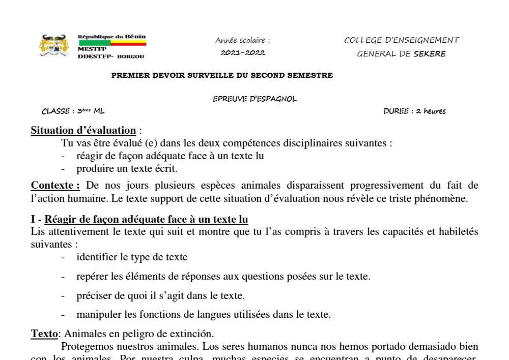 Aperçu de la première page — 3ème Espagnol 1er Devoir 2ème Semestre CEG Sékéré 2021 2022