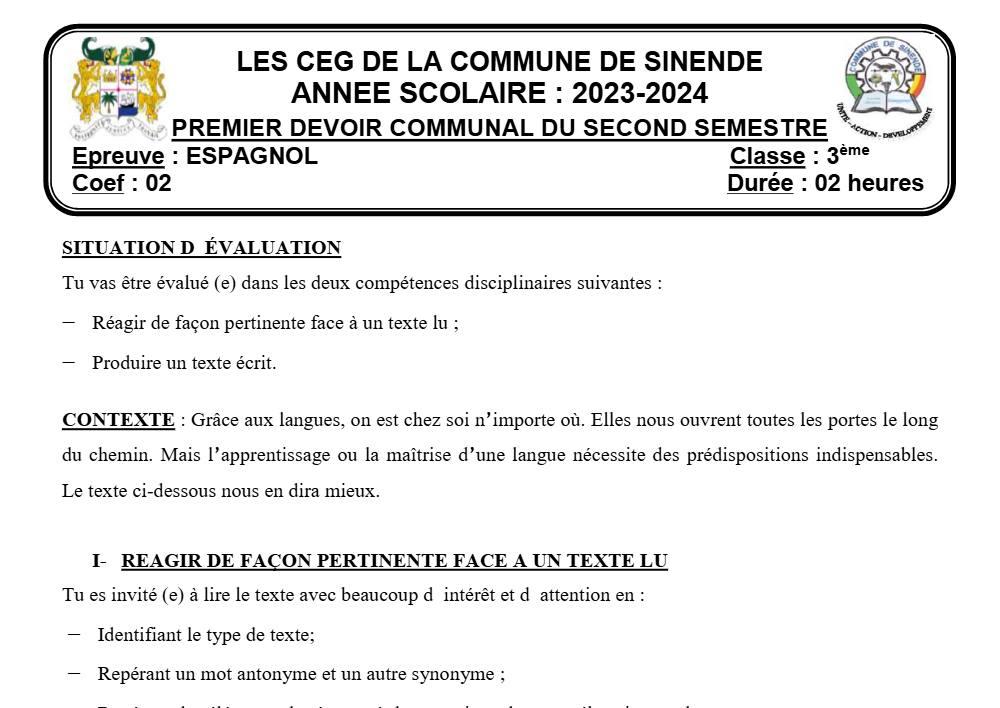 Aperçu de la première page — 3ème Espagnol 1er Devoir 2ème Semestre Commune Sinende 2023 2024