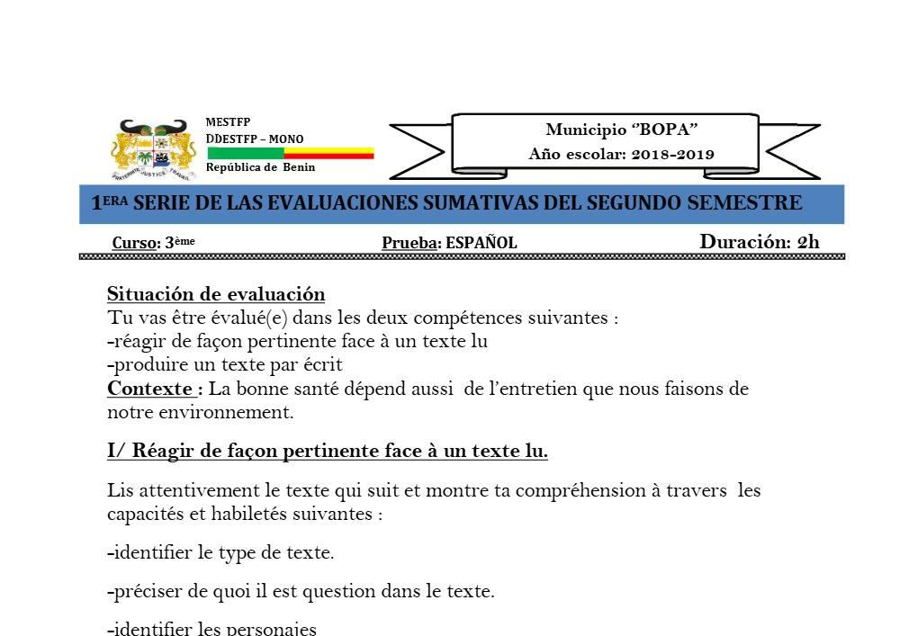 Aperçu de la première page — 3ème Espagnol 1er Devoir 2ème Semestre Zone Bopa 2018 2019