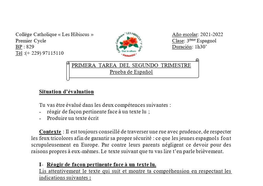 Aperçu de la première page — 3ème Espagnol 1er Devoir 2ème Trimestre Collège Catholiques Les Hibiscus 2021 2022