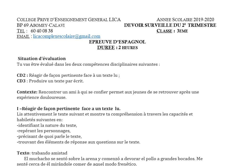 Aperçu de la première page — 3ème Espagnol 1er Devoir 2ème Trimestre CPEG Lica 2019 2020