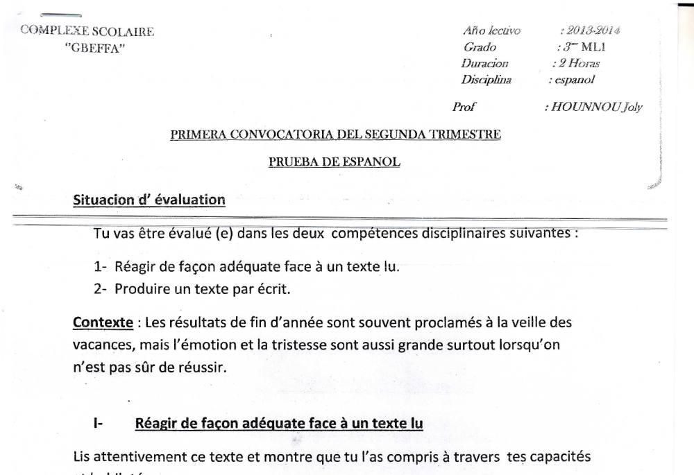 Aperçu de la première page — 3ème Espagnol 1er Devoir 2ème Trimestre CS Gbeffa 2013 2014