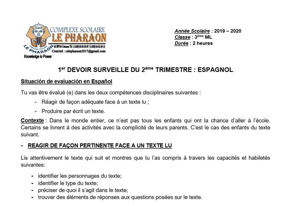 Aperçu de la première page — 3ème Espagnol 1er Devoir 2ème Trimestre CS Le Pharaon 2019 2020
