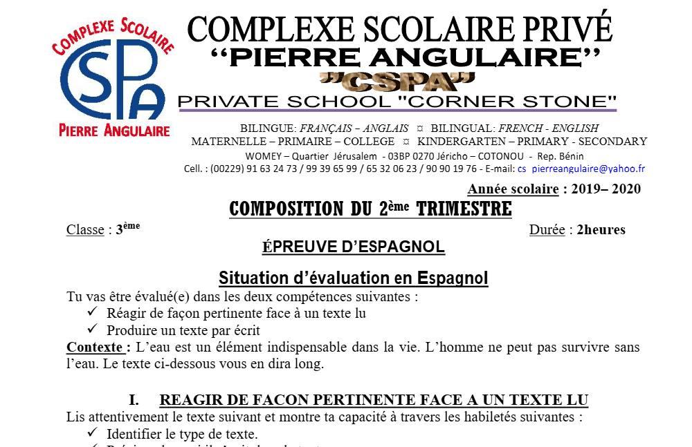 Aperçu de la première page — 3ème Espagnol 1er Devoir 2ème Trimestre CS Pierre Angulaire 2019 2020