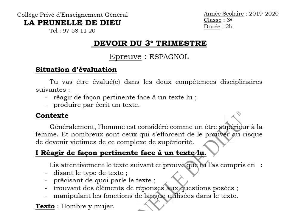 Aperçu de la première page — 3ème Espagnol 1er Devoir 3ème Trimestre CP La Prunelle de Dieu 2019 2020