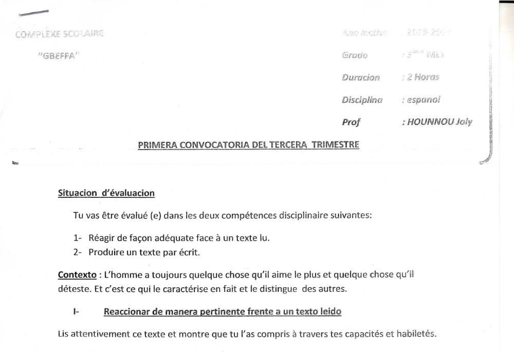 Aperçu de la première page — 3ème Espagnol 1er Devoir 3ème Trimestre CS Gbeffa 2013 2014