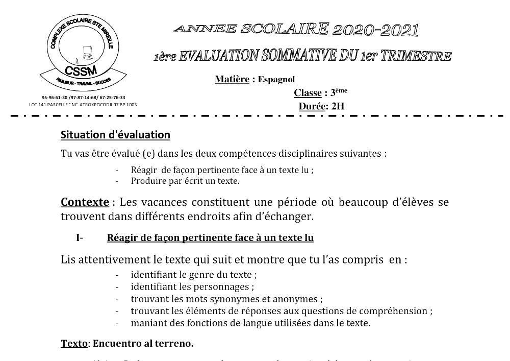Aperçu de la première page — 3ème Espagnol 1ère Évaluation 1er Trimestre CPEG Sainte Mireille 2020 2021