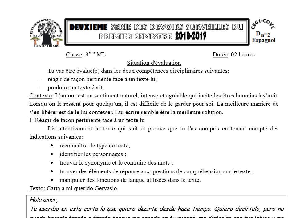 Aperçu de la première page — 3ème Espagnol 2ème Devoir 1er Semestre CEG1 Cove 2018 2019