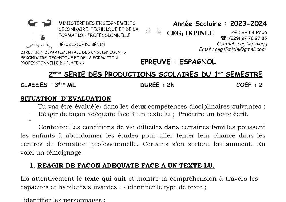 Aperçu de la première page — 3ème Espagnol 2ème Devoir 1er Semestre CEG1 Ikpinlè 2023 2024