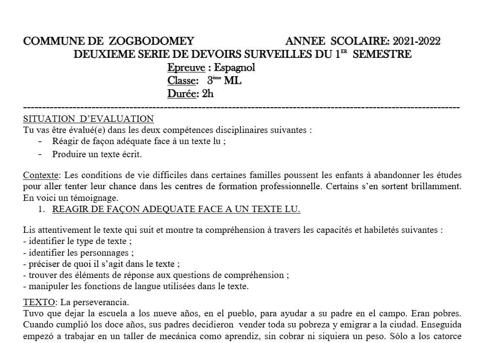 Aperçu de la première page — 3ème Espagnol 2ème Devoir 1er Semestre CEG1 Zogbodomey 2021 2022 (3)