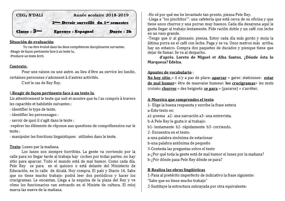 Aperçu de la première page — 3ème Espagnol 2ème Devoir 1er Semestre CEG2 N'Dali 2018 2019