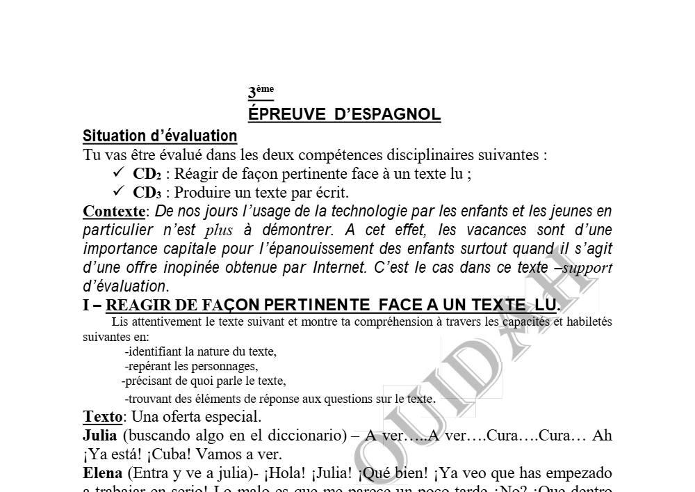 Aperçu de la première page — 3ème Espagnol 2ème Devoir 1er Semestre CEG2 Ouidah 2019 2020