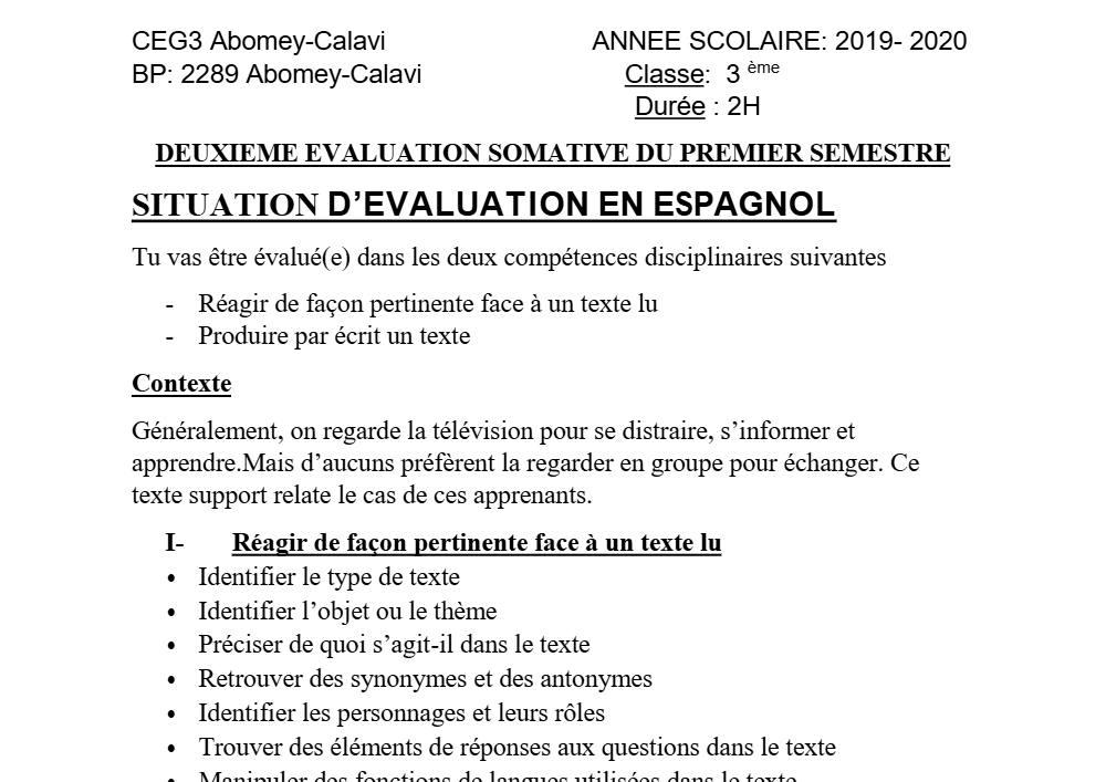 Aperçu de la première page — 3ème Espagnol 2ème Devoir 1er Semestre CEG3 Abomey Calavi 2019 2020