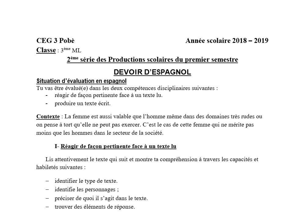 Aperçu de la première page — 3ème Espagnol 2ème Devoir 1er Semestre CEG3 Pobè 2018 2019