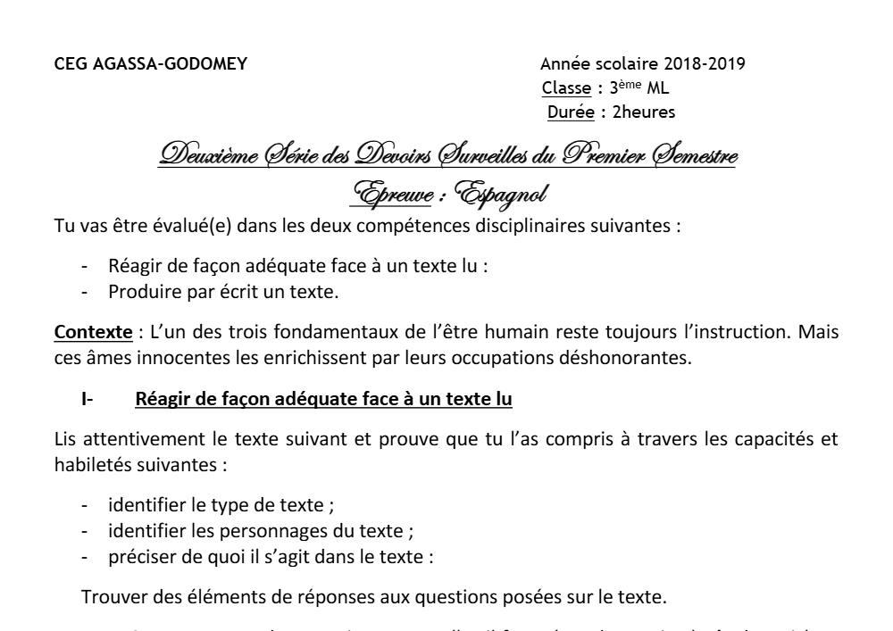 Aperçu de la première page — 3ème Espagnol 2ème Devoir 1er Semestre CEG Agassa Godomey 2018 2019